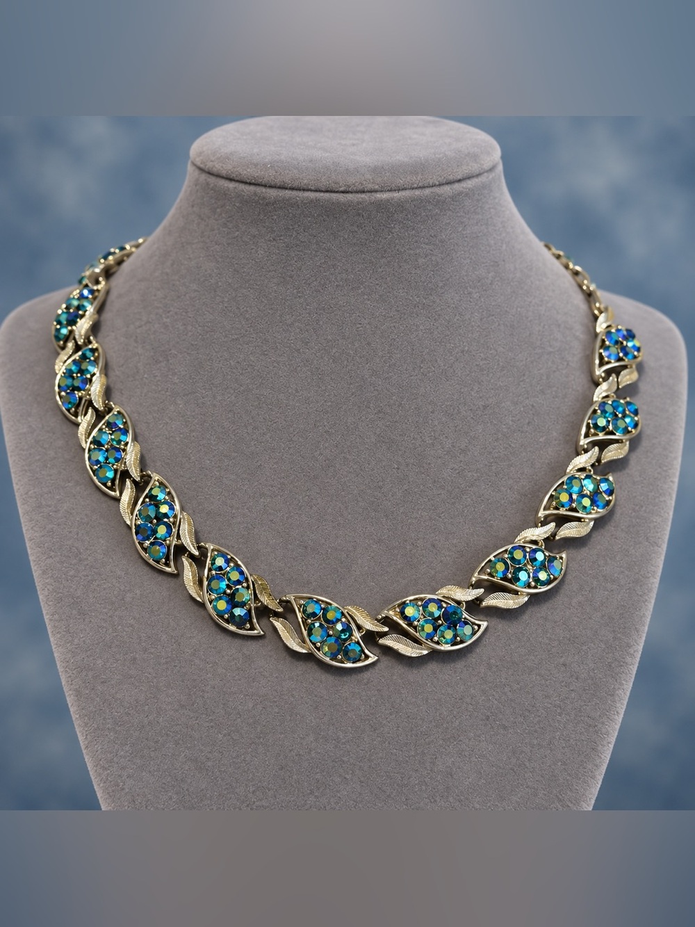 Coro Signed Aurora Borealis Rhinestone Leaf Design Necklace